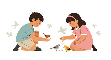 Fototapeta premium Children Interact With Birds, Sharing Food Amidst the Gentle Atmosphere