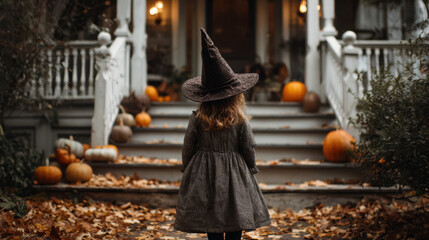 Halloween celebration child in witch costume spooky home entrance autumn setting captured from behind festive atmosphere