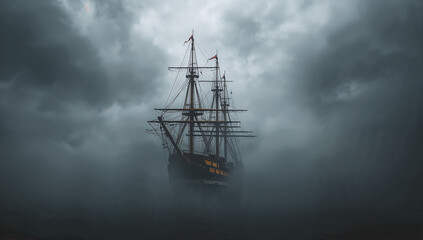Elegant Tall Ship Captured Amidst Ominous Cloudy Skies