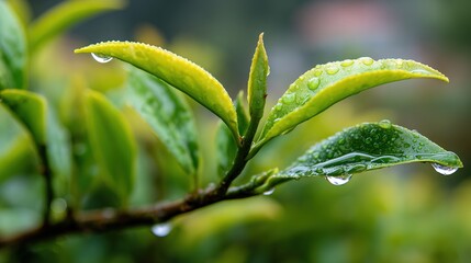 herbal. Close-up of fresh tea leaves with morning dew in soft natural light, botanical setting. gardening catalogs, home-decor guides, designed for home decor and floral branding.