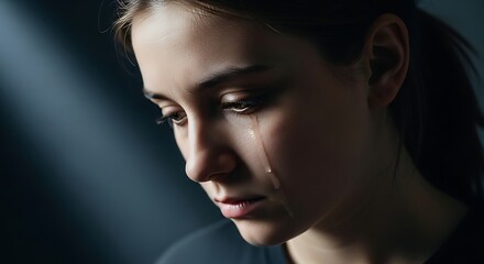 Naklejka premium Close-up of a woman with tears streaming down her face.