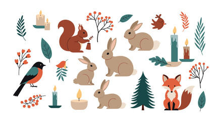 Fototapeta premium Cozy woodland creatures and winter elements for holiday design.