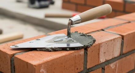 Bricklayer using trowel for bricklaying work.