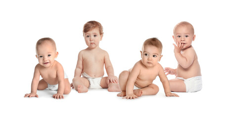 Adorable babies in diapers on white background