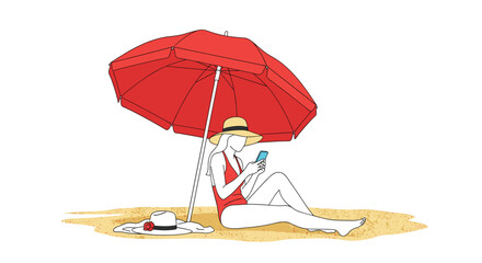 A woman relaxes on the beach under a red umbrella while looking at her phone.