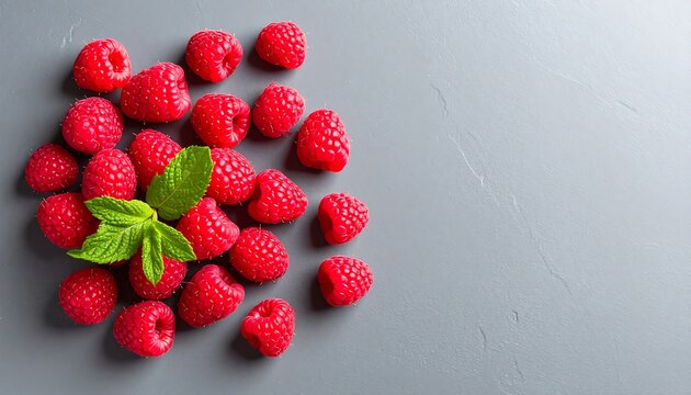 Fresh raspberries and mint on gray surface