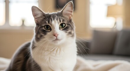 Charming Gray and White Cat Portrait with Expressive Eyes.