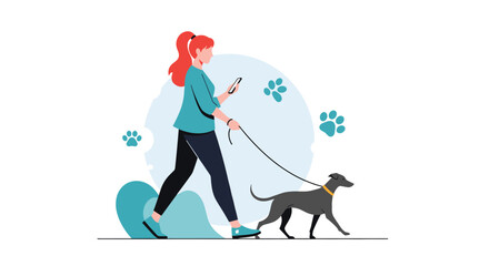 A woman walks her dog on a leash in a park setting.