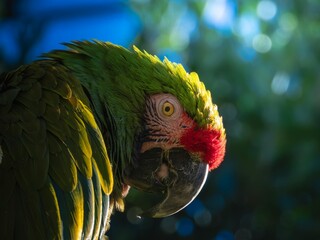 Closeup shor of green parrot wih red colour