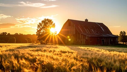 Golden sunset over a rustic barn in a wheat field