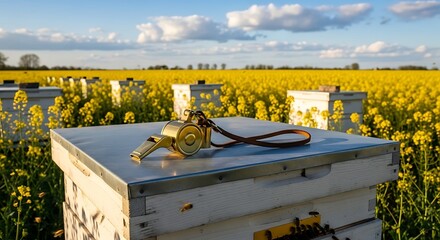 Beehives in a field of yellow flowers under a blue sky.