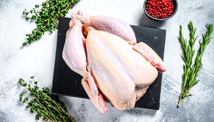 Raw whole chicken on black board, herbs, peppercorns