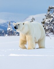 Majestic polar bear strolls snowy landscape