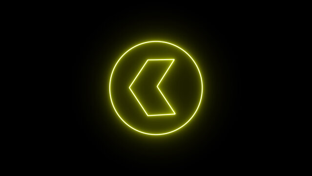 A vivid yellow neon outline of a leftpointing arrow inside a circle on a black background, symbolizing navigation or a back button