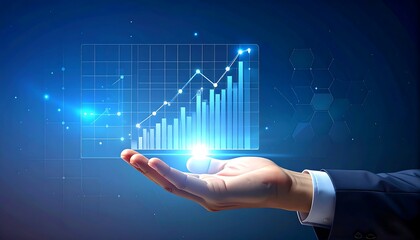 Digital hand cradles a glowing financial graph illustrating rising trends against a luminous blue background