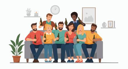 Friends enjoying a casual gathering on a sofa with drinks.