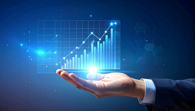 Digital hand cradles a glowing financial graph illustrating rising trends against a luminous blue background