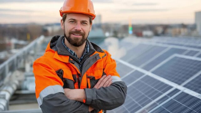 Sustainable Energy Pioneer: A determined worker in a safety helmet surveys solar panels, representing the cutting edge of eco-friendly energy in a world increasingly focused on sustainability.