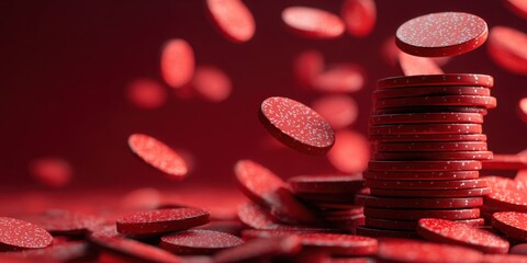 Abstract red background filled with stacks of red gaming tokens and falling red chips creating an energetic and vibrant scene while providing ample space for additional text