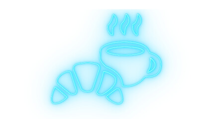 A glowing blue neon sign of a croissant and a steaming cup of coffee isolated on transparent background