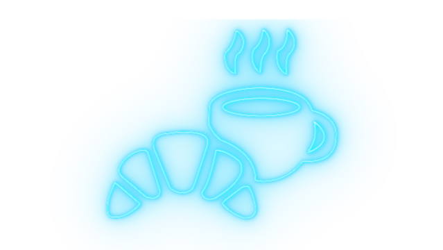 A glowing blue neon sign of a croissant and a steaming cup of coffee isolated on transparent background