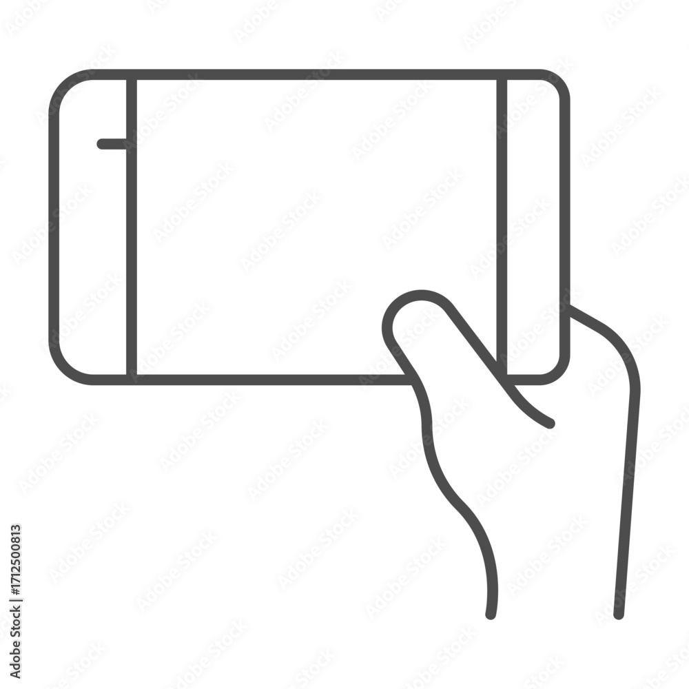 Poster touchscreen phone, held horizontally thin line icon, using mobile phone concept, smartphone in hand 