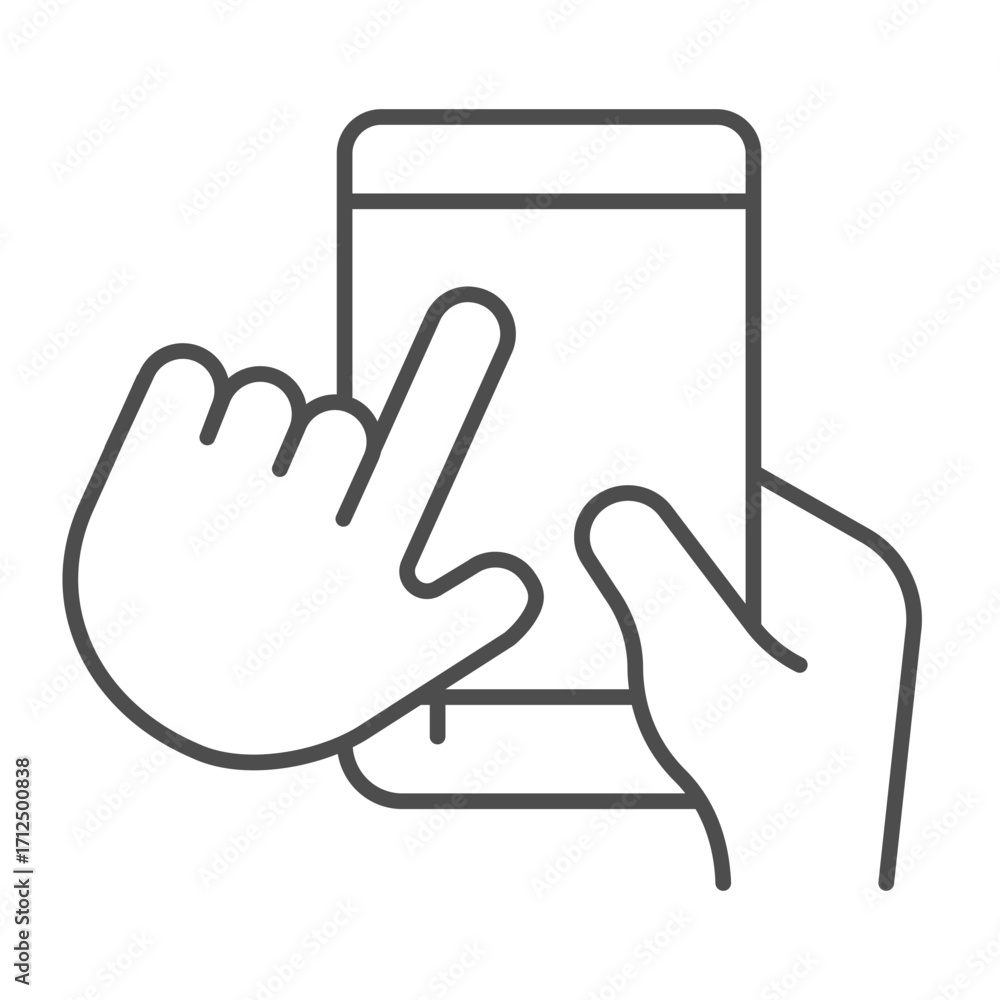 Aufkleber mobile phone upright in hand thin line icon, using smartphone concept, touch screen with index finge