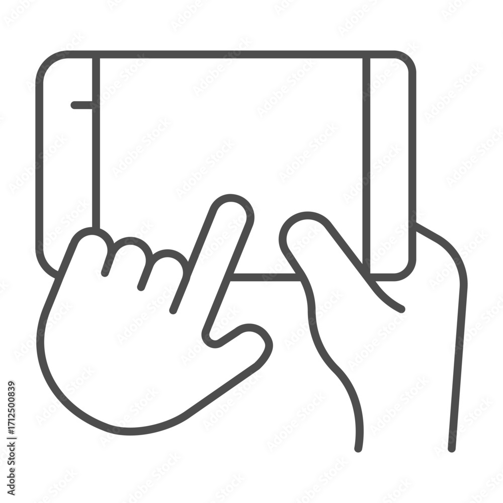 Aufkleber smartphone horizontally in hand thin line icon, using gadget concept, touchscreen phone with index f