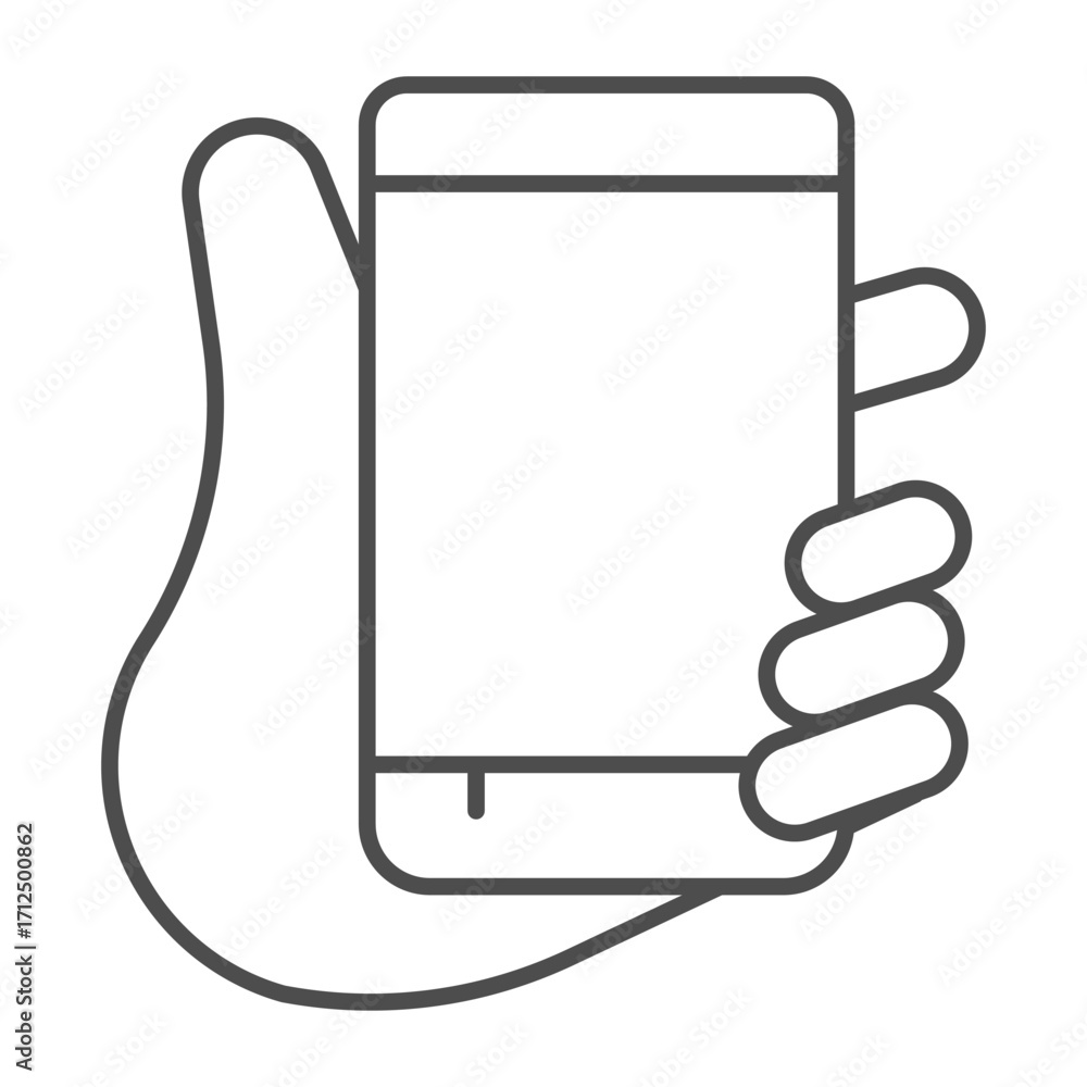 Poster smartphone upright in palm of hand thin line icon, using cellphone concept, touchscreen phone sign o
