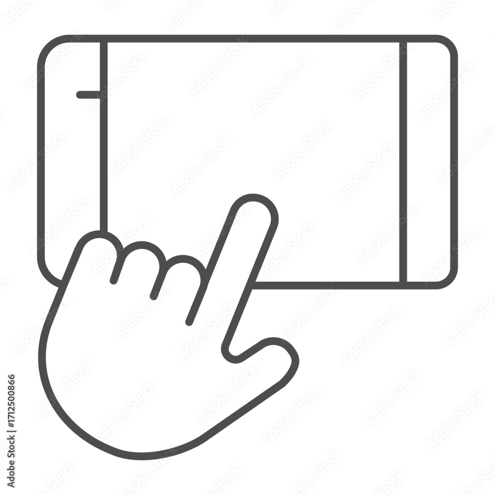 Aufkleber touchscreen phone and index finger thin line icon, using smartphone concept, phone in horizontal pos