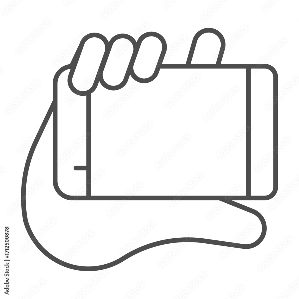 Aufkleber holding phone horizontally in palm of hand thin line icon, using touchscreen device concept, smartph