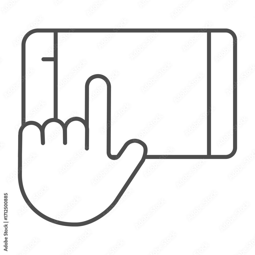 Aufkleber smartphone in horizontal position thin line icon, using device concept, touchscreen and index finger