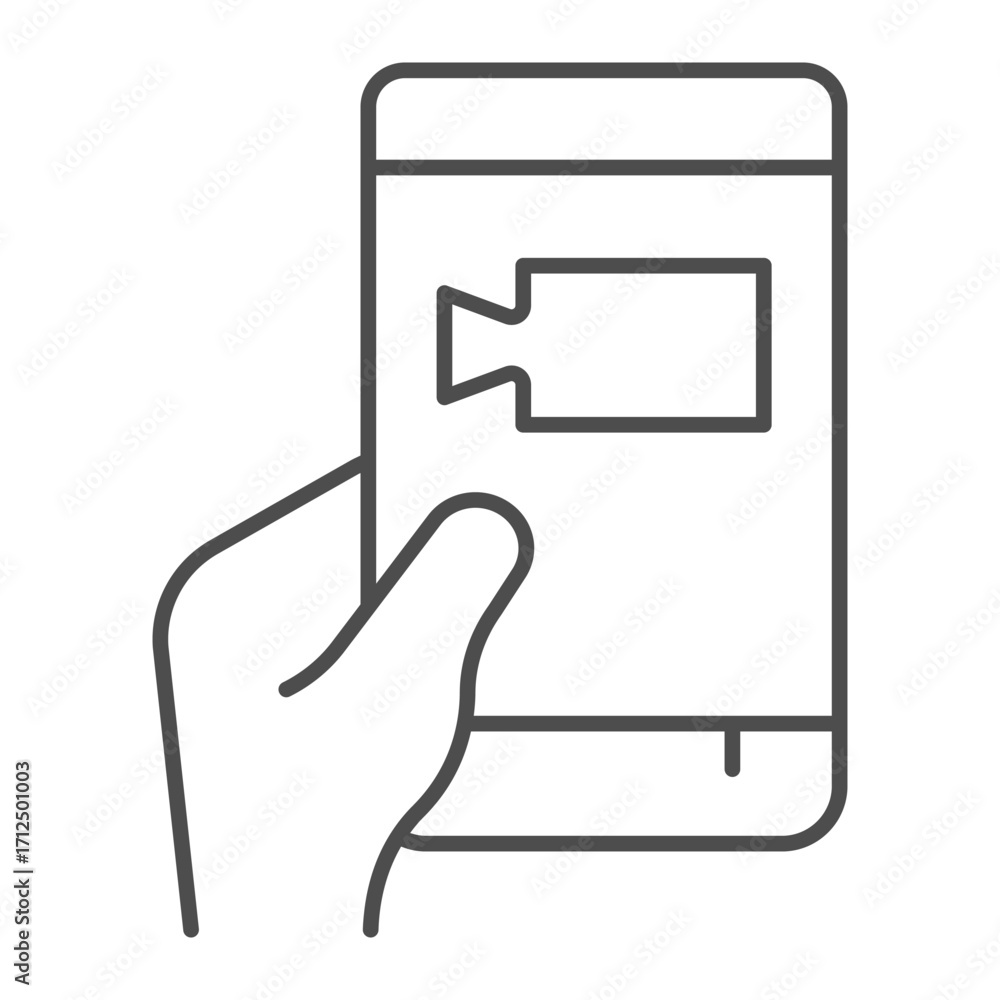 Aufkleber smartphone with camera app in hand thin line icon, using phone video app concept, touchscreen phone 