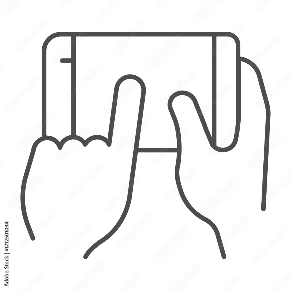 Aufkleber cellphone held in hand thin line icon, using smartphone concept, touchscreen mobile phone with finge