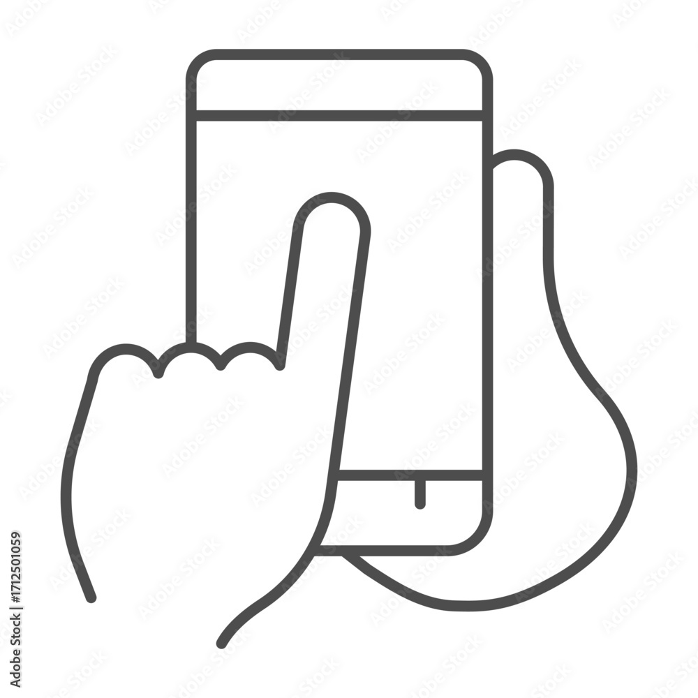 Aufkleber smartphone in palm of hand thin line icon, using mobile phone concept, touchscreen device with finge