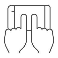 Touchscreen smartphone with two fingers of hands thin line icon, using mobile phone concept, cellphone sign on white background, outline style icon for mobile and web design. Vector graphics.
