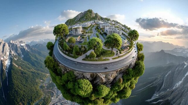Green Globe City: A futuristic cityscape, a harmonious blend of nature and urbanization, nestled within a lush, verdant globe against a backdrop of majestic mountains and a boundless sky.