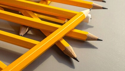 Sharpened yellow pencils—aligned diagonally with graphite tips pointing forward—resting on a surface scattered with wood shavings—evoke crafted focus, symbolic clarity, and the rhythm of tactile preci