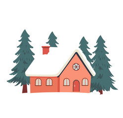 Collection of cozy Christmas house vector illustrations with snow roofs, pine trees, and smoking chimneys. Perfect for holiday cards, posters, prints, winter decorations, and festive seasonal designs.