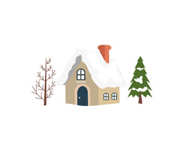 Collection of cozy Christmas house vector illustrations with snow roofs, pine trees, and smoking chimneys. Perfect for holiday cards, posters, prints, winter decorations, and festive seasonal designs.