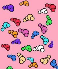 Colorful abstract cartoon-style pattern featuring croissant-like or seashell-shaped forms made of overlapping circles. Each element comes in bright tones such as red, blue