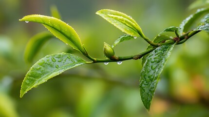Fototapeta premium herbal. Close-up of fresh tea leaves with morning dew in soft natural light, botanical setting. gardening catalogs, home-decor guides, designed for home decor and floral branding.