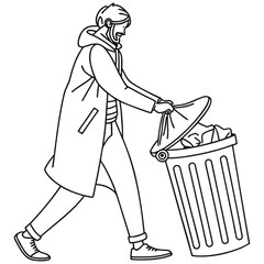 One continuous line of man with garbage bin. 
