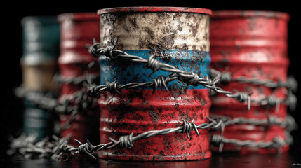 Oil barrels with Russian flag and barbed wire.