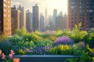 Fototapeta premium A vibrant rooftop garden with flowers overlooking the cityscape, featuring the Empire State Building in the distance against a warm, sunny skyline.