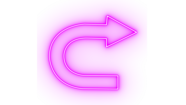 Pink neon curved arrow icon isolated on transparent background, indicating direction or a circular motion