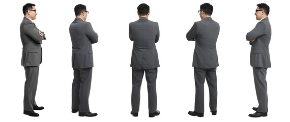 Full-length portraits of businessman on white background, collage
