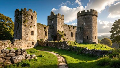 Fototapeta premium Medieval Stone Castle Ruins with Green Grass and Blue Sky in Sunny Weather Landscape Photography of Cylindrical Towers and Walls