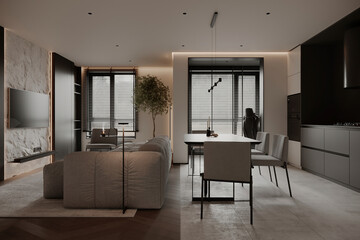 Spacious open-plan living and dining area with large windows, modern furniture, and ambient lighting. Features a cozy sofa, dining table, and kitchen with sleek finishes.