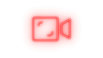 Red neon outline of a video camera icon isolated on transparent background